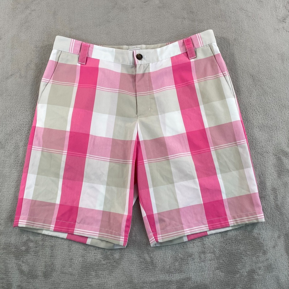 Adidas Golf Shorts Men 34 Pink Grey Plaid Performance Flat Front‎ NWOT